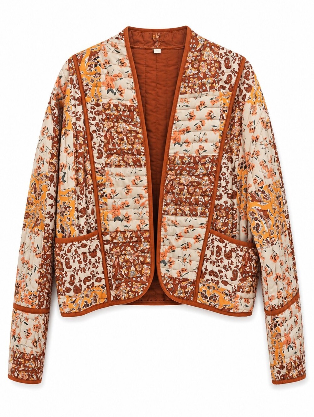 Boho Patchwork Quilted Floral Jacket Cropped Open Front Rust Orange, L